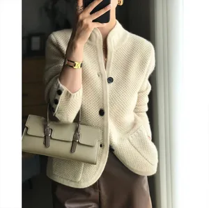 Women's Vintage Woven Nylon/Acrylic Anti-Wrinkle Quick Dry Breathable X-Long Cardigan Front Logo Solid Puff Printed Sweater