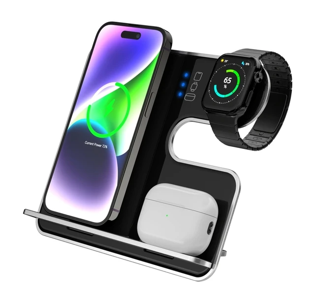 Detachable Creative design Super thin Aluminum Alloy 3 in 1 wireless charger Stand  Duel coils  Wireless Fast Charging Station