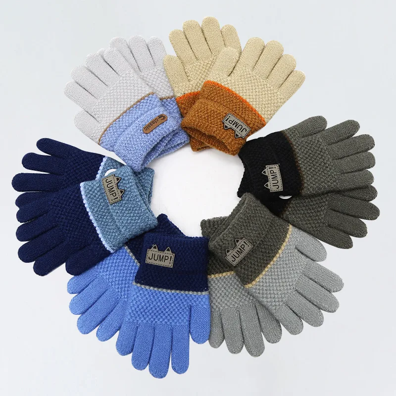 Зимние Трикотажные шерстяные перчатки для детей и мальчиков теплые с пятью пальцами От 4 до 7 лет оптом