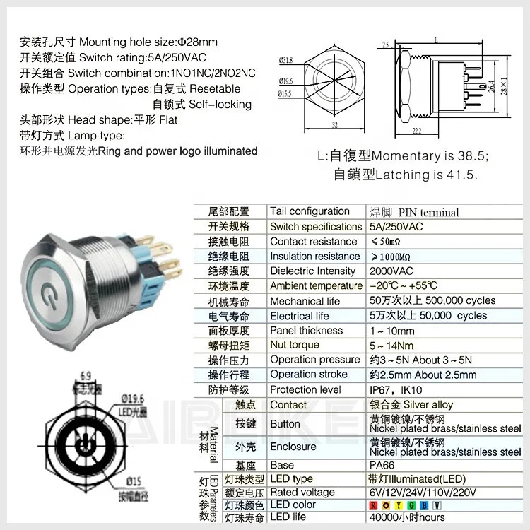 Interrupteur Bouton-poussoir Pour Voiture 19mm - Blanc, 12V-24V, Neuf