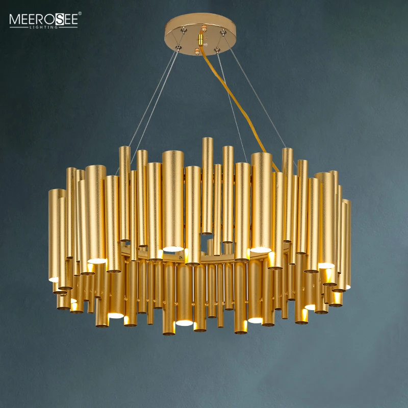 Meerosee Modern Luxurious Round Chandelier Aluminum Pendant Light Golden Color Tube Decor Light MD86760