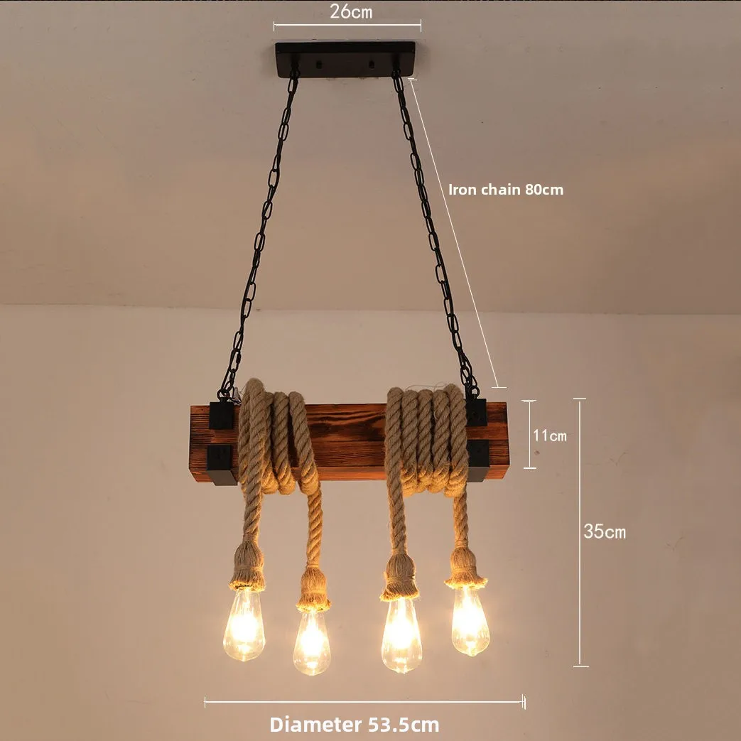 Retro Long Wooden Rope Hand-woven Glass Shade Pendant Lamp Homestay Bar Restaurant Farmhouse Hotel Lounge Counter Dining Light