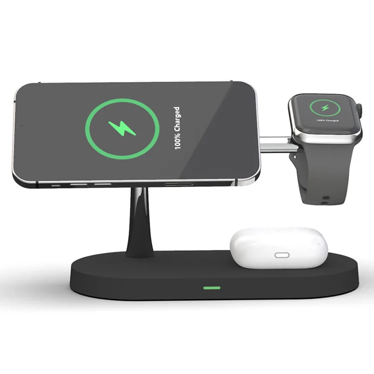 New zinc 5 in 1 magnetic 15W qi fast charging wireless charger holder for iphone 12 airpods and iwatch with LED night light