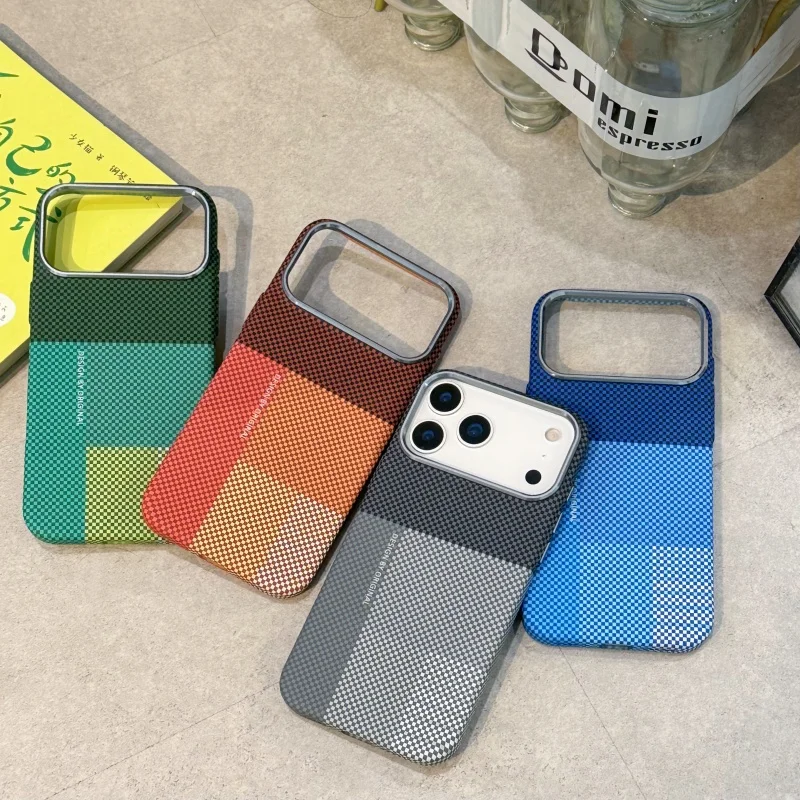 New Color Matching Carbon Fiber Textured Magnetic Case for iPhone 17 14 15 16 Pro Max Metal Lens Frame Shockproof Hard Cover