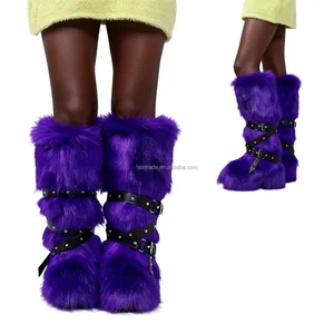 BUSY GIRL HS9282 Purple High Knee-High Furry Boots Punk Style with Rivets Straps Custom Design Boots Knee High Fur Boots Women