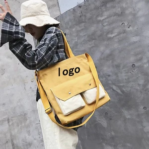 Custom Wholesale Large Korean Blank  Multi-pocket Shoulder Bag Women Plain Canvas Tote Bag With Pockets