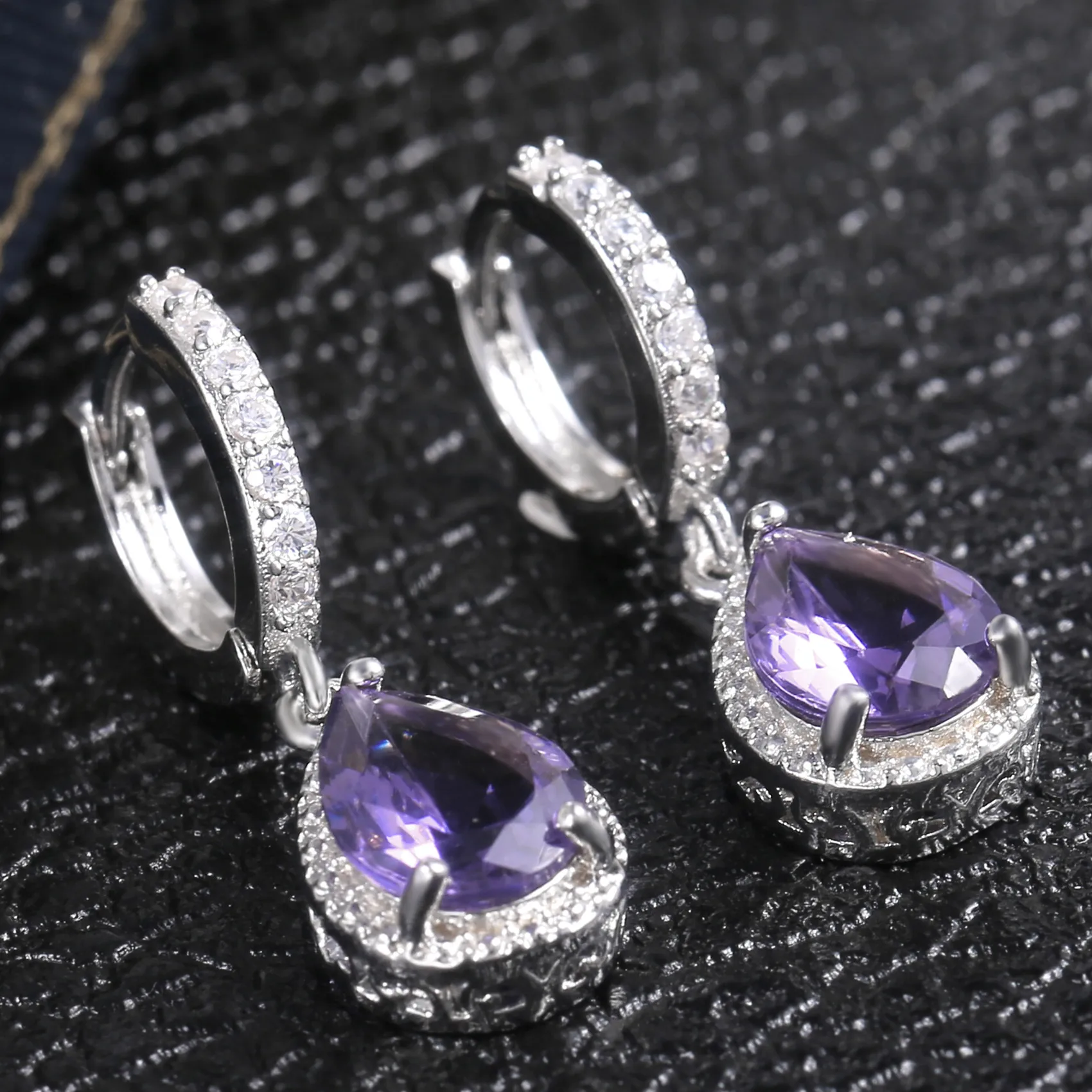 CAOSHI Jewelry Royal Purple Water Drop Earring Hollow Brilliant Carving  Lady Aretes Elegant Purple Pear Dangle Earrings Women