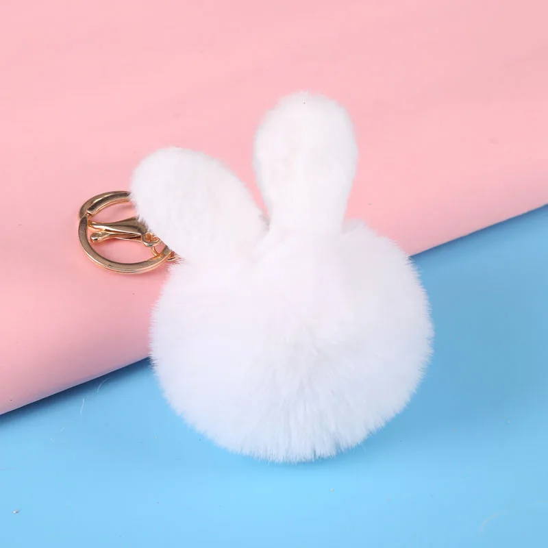 Rabbit Ears Fur Ball Bag Charms With Golden Key Rings Ear Pom Pom