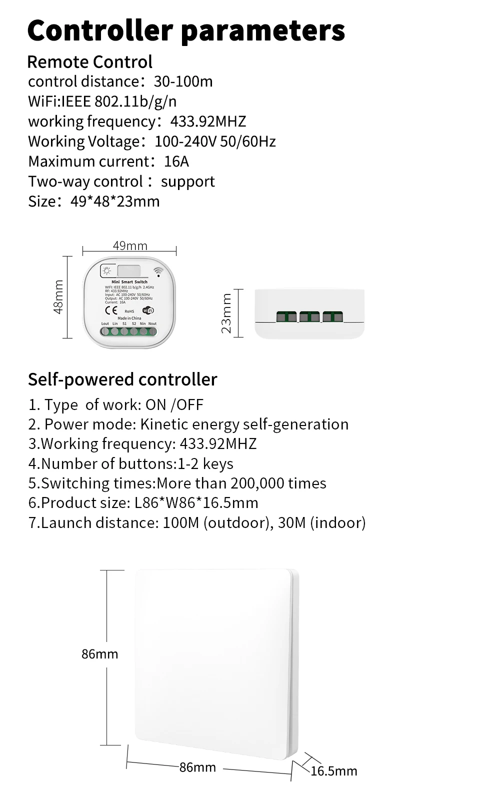 Factory Wholesale RF433 Smart WiFi Wireless Kinetic Switch No battery require Remote Control Switch Waterproof Wall Light Switch