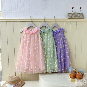 2025 Summer Kids Princess Dresses Sweet Style Lace Chiffon Cute Flower Daisy Sleeveless Gauze Skirt