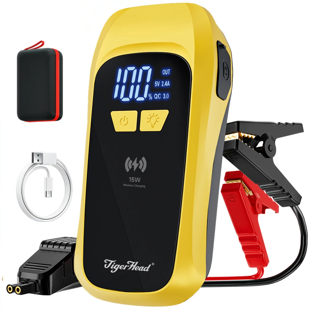 Velkoobchodní multifunkční vysokovýkonový startovací přístroj pro auta 1500 A, 12 V, přenosná powerbanka s kapacitou 12 000 mAh a bezdrátovým nabíjením 15 W s baterkou