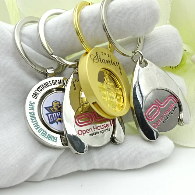 Silver Gold Key Ring Euro Souvenir Fashion Portable Trolley Metal Shopping Cart Coin Holder Keychain 360 Spinning Keychain