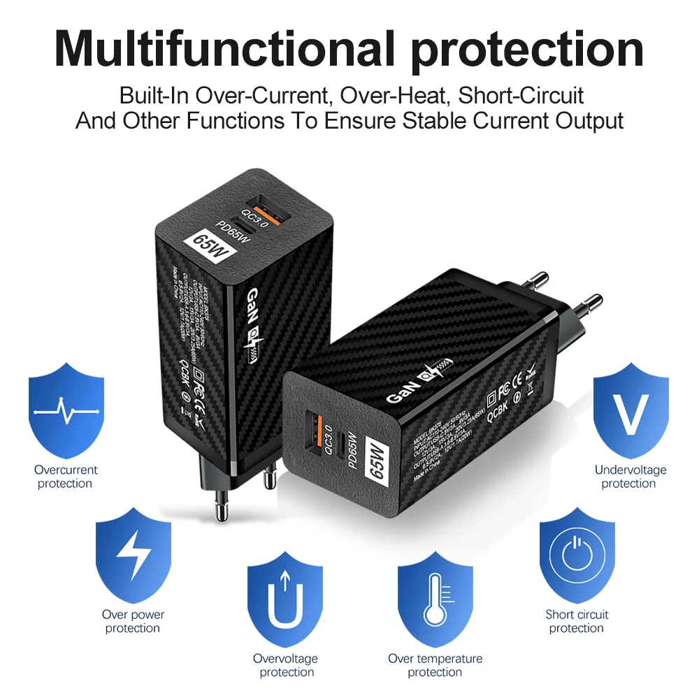 65W USB-C Power Adapter Dual Port A+C Fast WALL Charger Portable Dual USB QC 3.0 PD Mobile Phone Charger - Image 4
