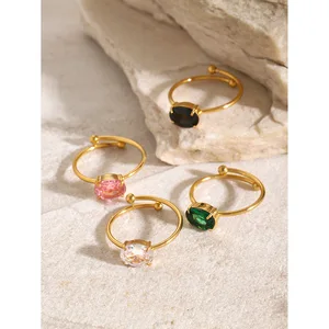 MW Women's Fashion 18K Gold-Plated Stainless Steel Ring with Oval Zircon Inlay - Minimalist, Adjustable & Open Design