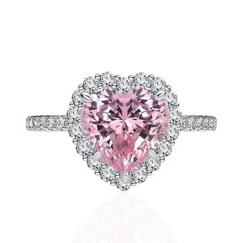 European American Fashion 4.8 Carat Heart-Shaped 9mm Pink Diamond Zircon Ring Trendy Sterling Silver for Weddings and Parties