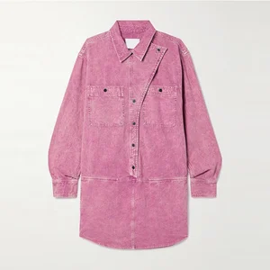 Clothing Manufacturer Custom Spring Autumn pink Polo Collar Long Sleeve Elegant Casual Women Cotton Denim Shirt Dress