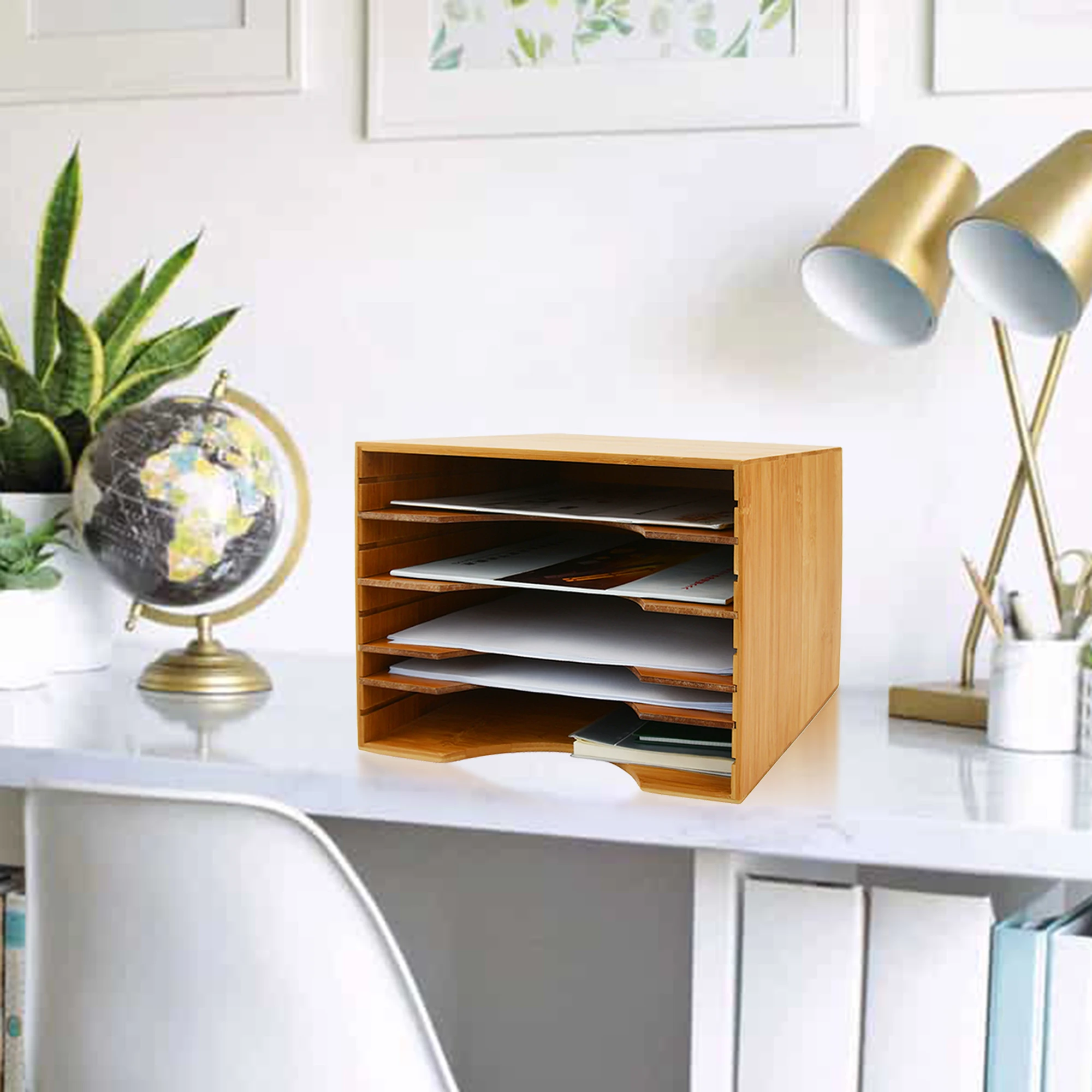 4 Tier Paper Holder Bamboo Wood Office Desk Top Document File Organizer ...