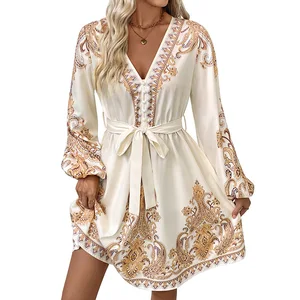 2025 European Retro Ethnic Dress for  Cross-Border Elegant V-Neck Paisley Printed Chiffon Casual for Autumn Season