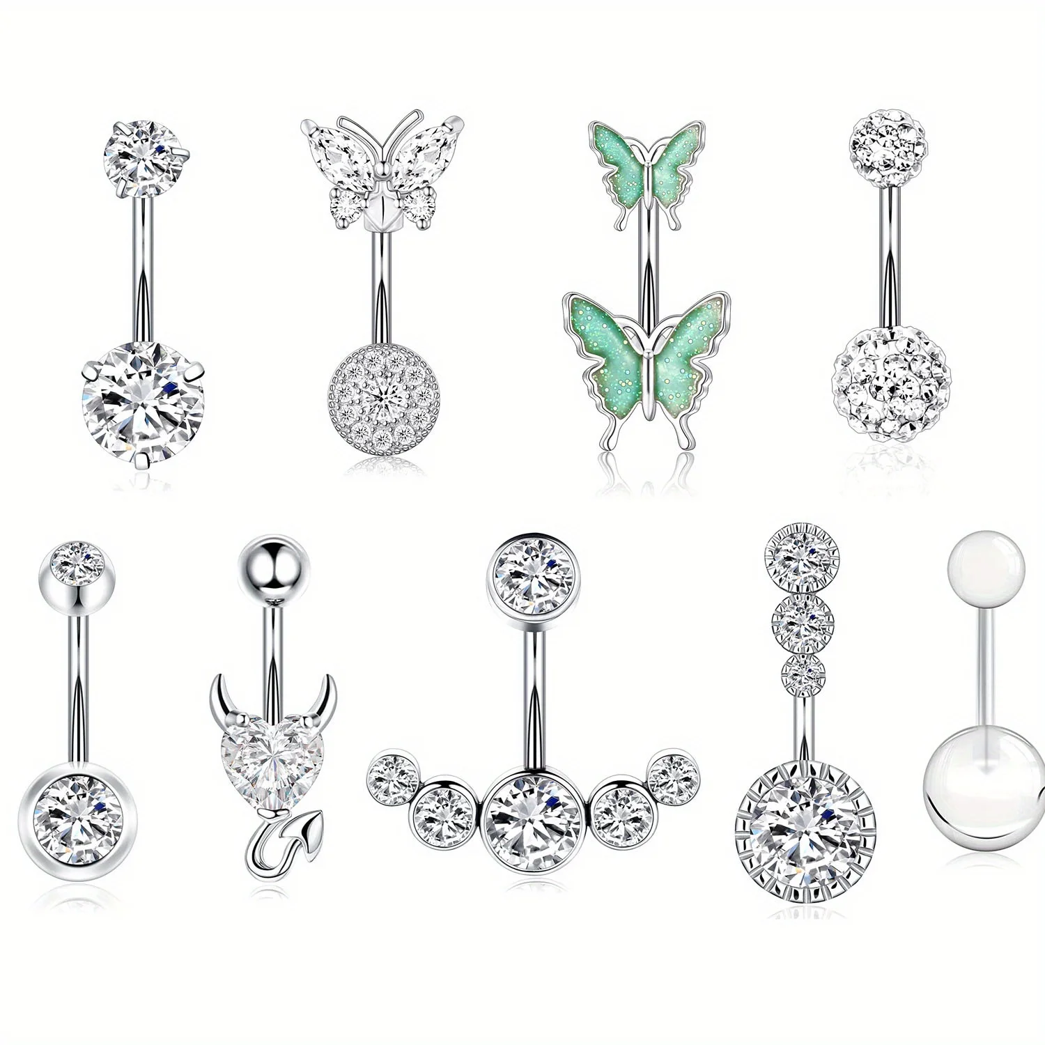 9pcs Stainless Steel Belly Button Ring Set Inlaid Shiny Zircon Cute Butterfly Navel Nail Body 4932