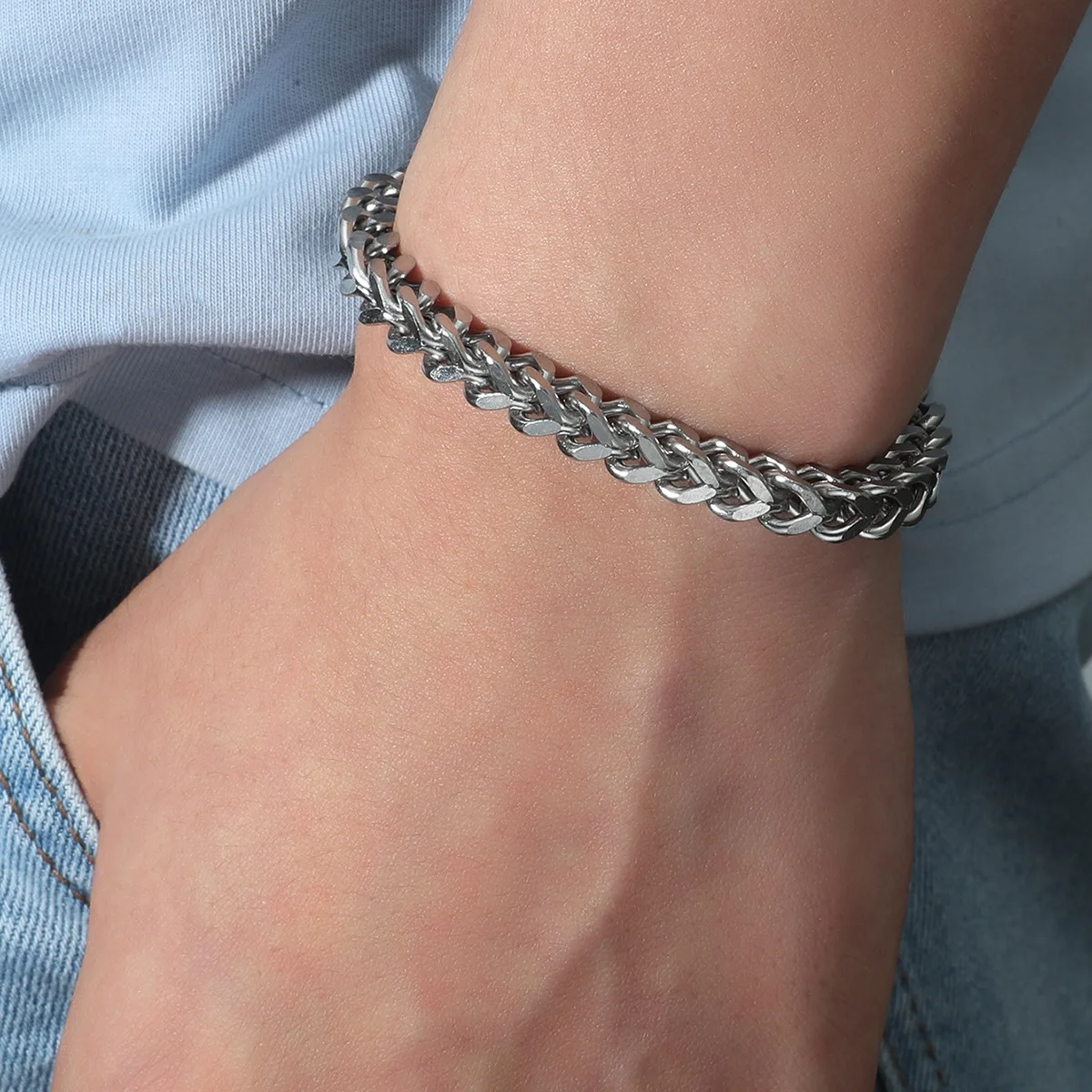 Silver Stainless Steel Curb Cuban Link Chain Bracelet Unisex Women