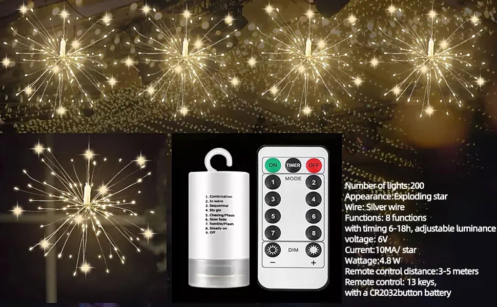 Firework Lights LED Starburst String Lights 8 Mode 200 LED Fairy Light Battery Operated with Remote  for Indoor Wedding Party