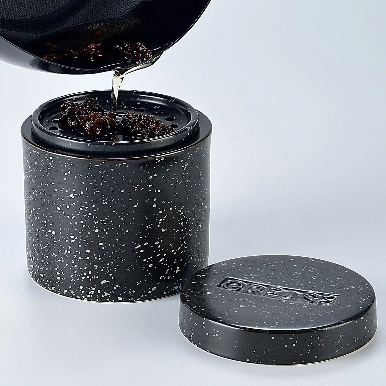 Matte Colored Ceramic Bacon Grease Container 15oz with Oil Strainer Pot Speckled Grease Storage Can with Strainer