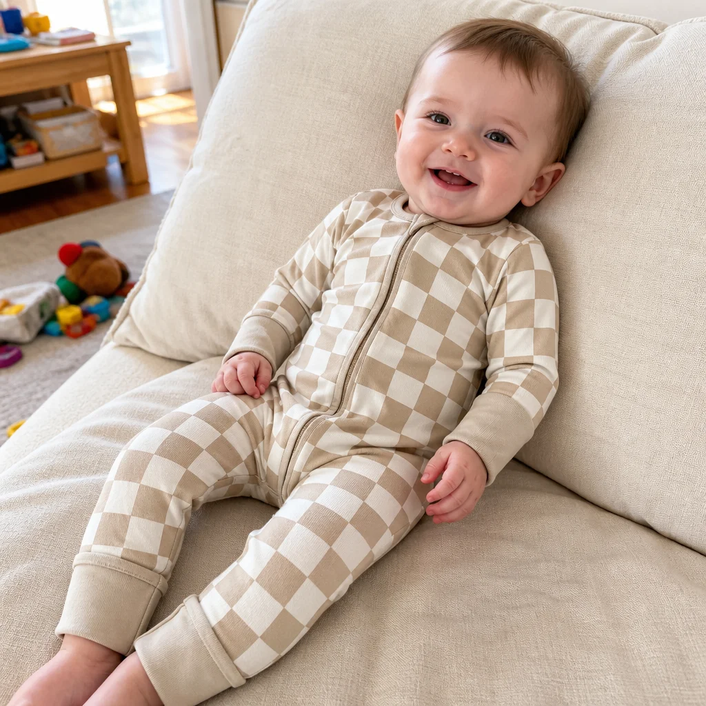 Pinuotu Baby Romper Bamboo Plaid 2-Way Zipper Jumpsuit Outfit Custom Neutral Toddler Sleepwear Rompers Kids 2pcs Clothing