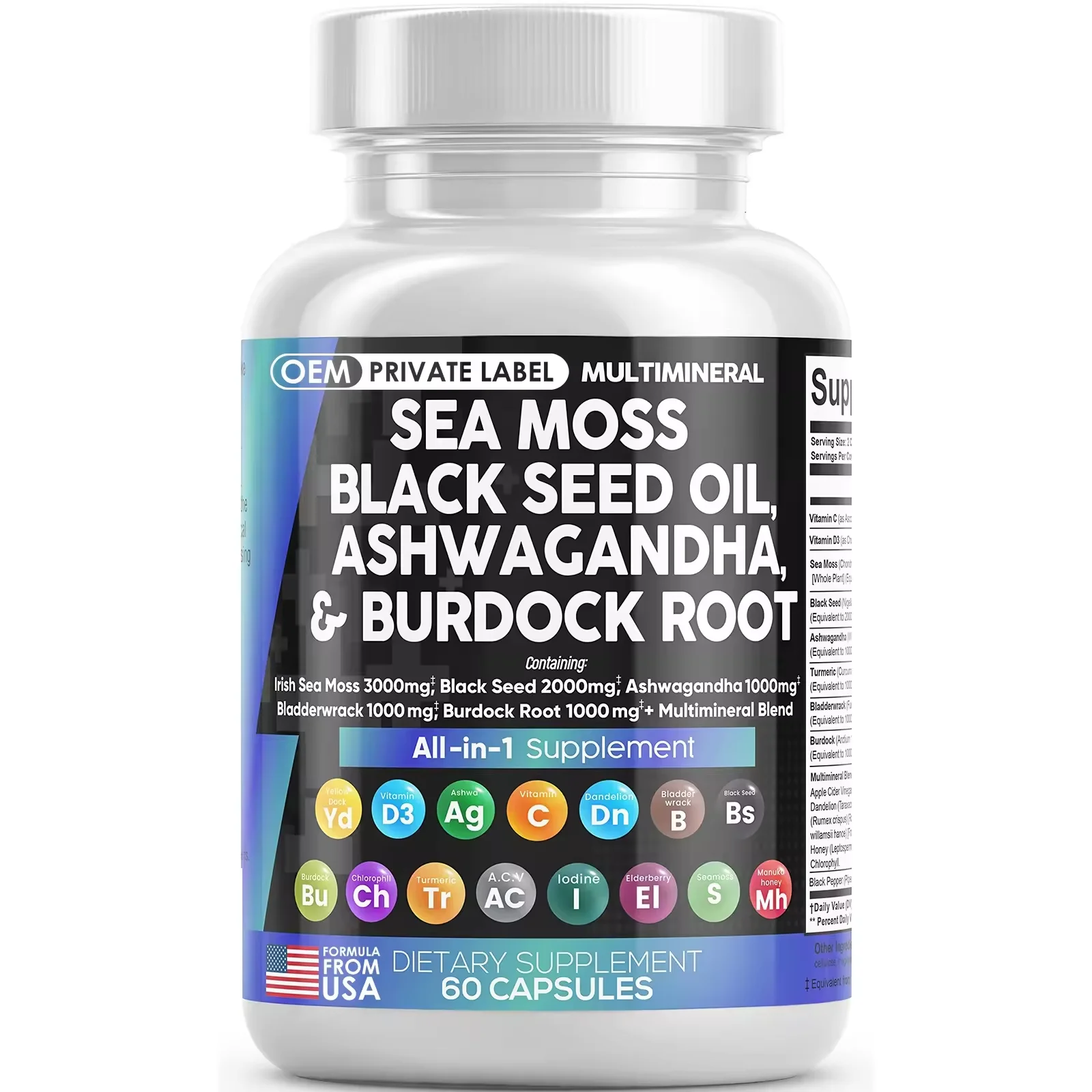 Sea Moss Capsules Private Label Sea Moss Black Seed Oil Ashwagandha Roots Sea Moss Burdock Root and Bladderwrack Capsules