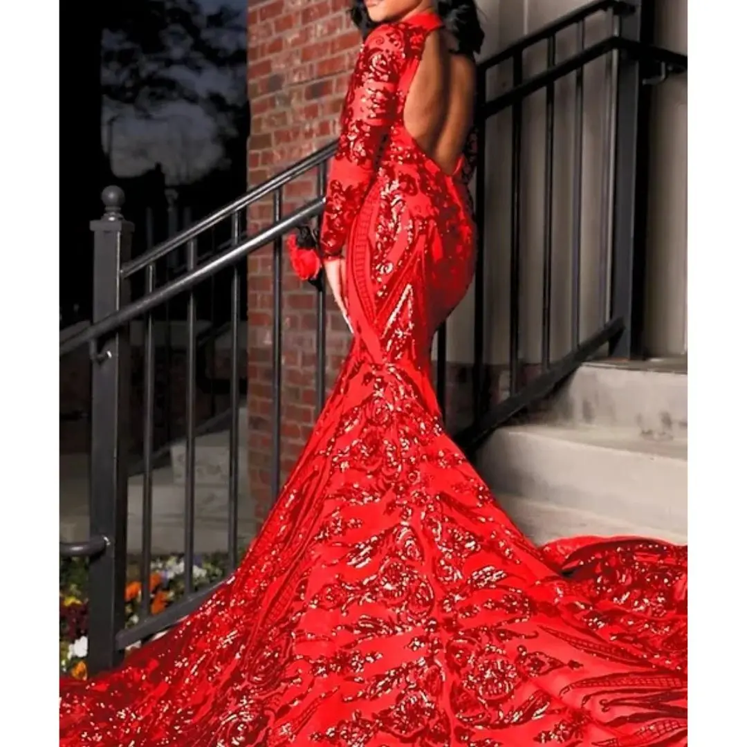 open lace back dress Red Prom Dress 2023 Black Girls Slay Strapless with Shawl Sequin with –  DCdress main image 0