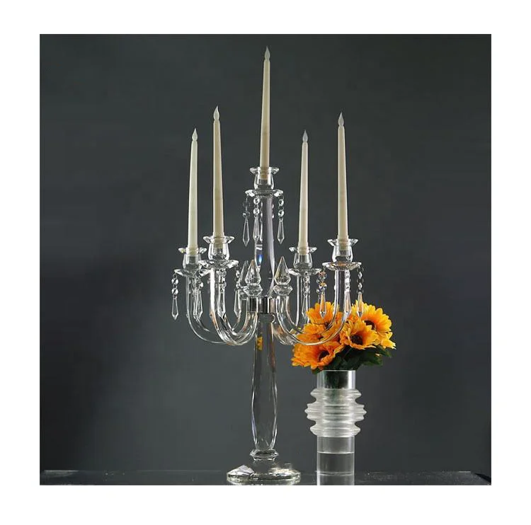 Vente directe d'usine Poignée longue Transparent 5 branches Décoration de maison de vacances Bougie à suspension en verre cristal pour mariage