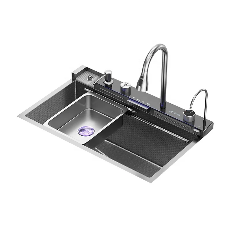 Nano Anti-Scratch Stainless Steel Kitchen Sink with Faucet-Large Single Bowl Light Luxury Design with Waterfall Drain