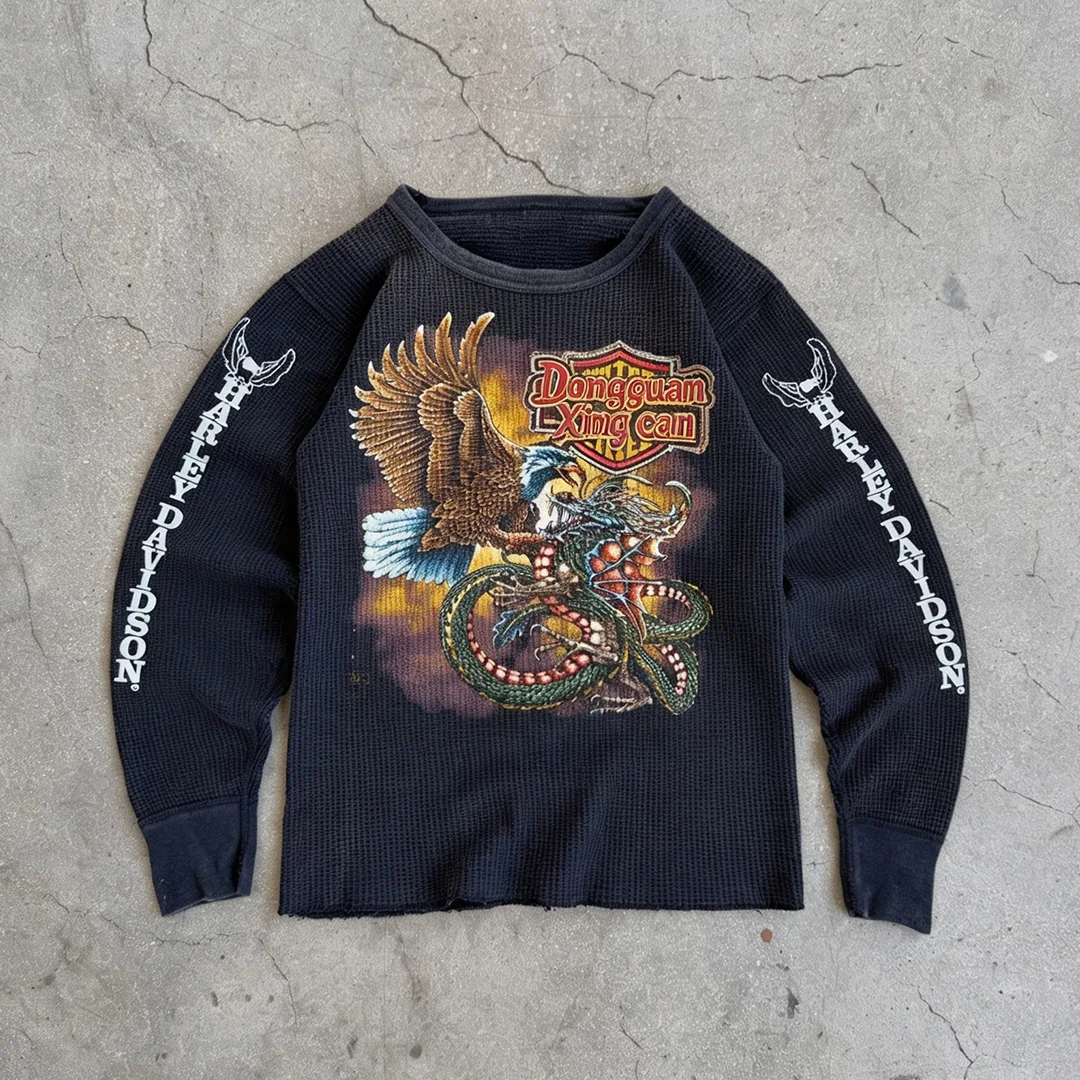 Stratdrae wafelbrei raglan langmou-tee, aangepaste vintage DTG-druk pasvorm los, uniseks hip-hop onderhemd privaatetiket