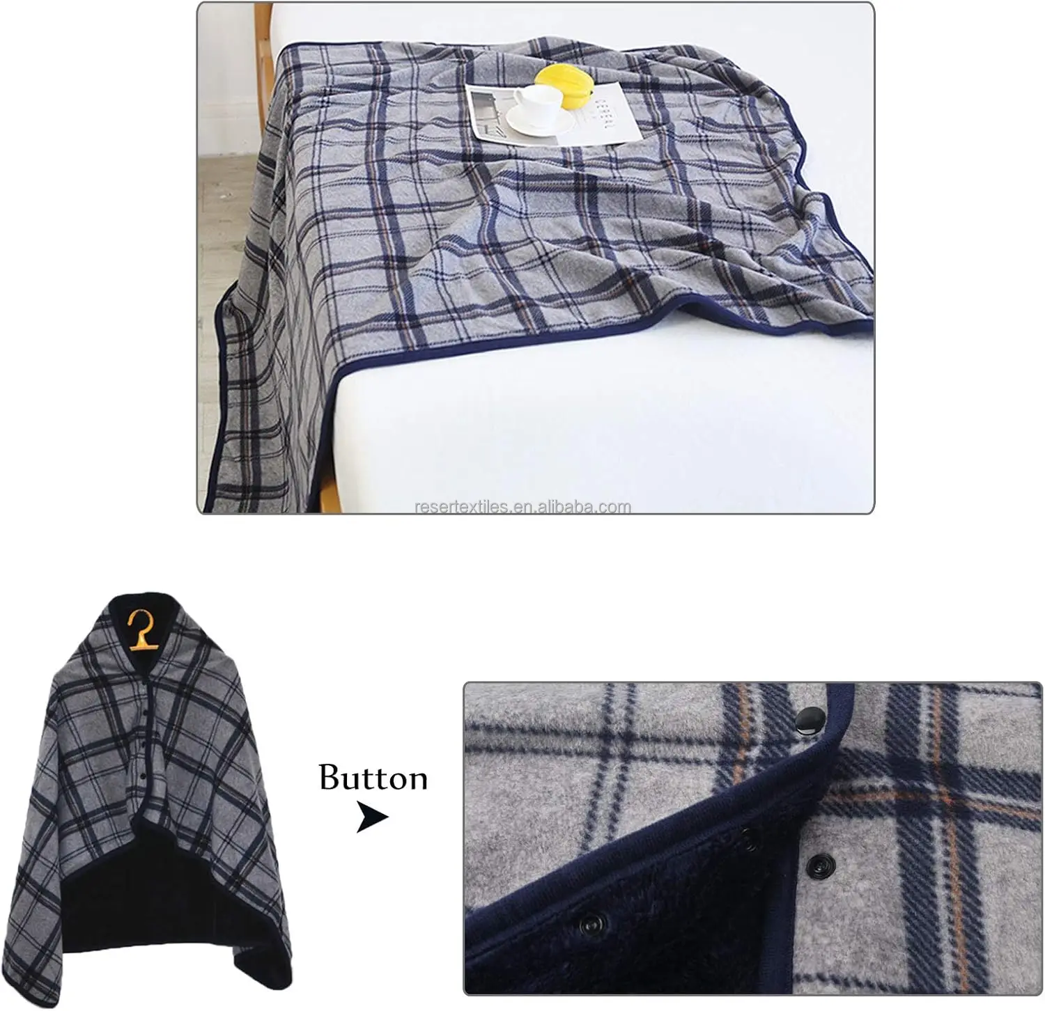 Modern Comfortable Lightweight Oversized Plaid Fleece Knitted Anti-Dust Mite 100% Polyester Poncho Throw Button Wearable Blanket