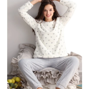Jersey Fleece Women's Sleepwear Winter Warm Flannel Soft Pajamas With Long Sleeves Waistband Pant Girls' Sleepwear