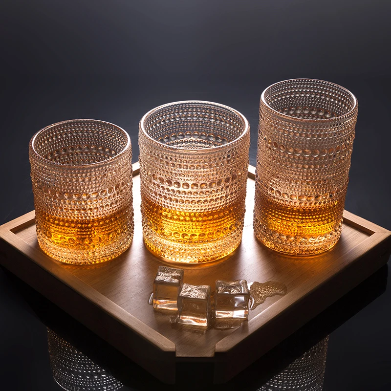 Wholesale 13oz Vintage Embossed Dots Pattern Ink Blue Drinking Glass Amber Highball