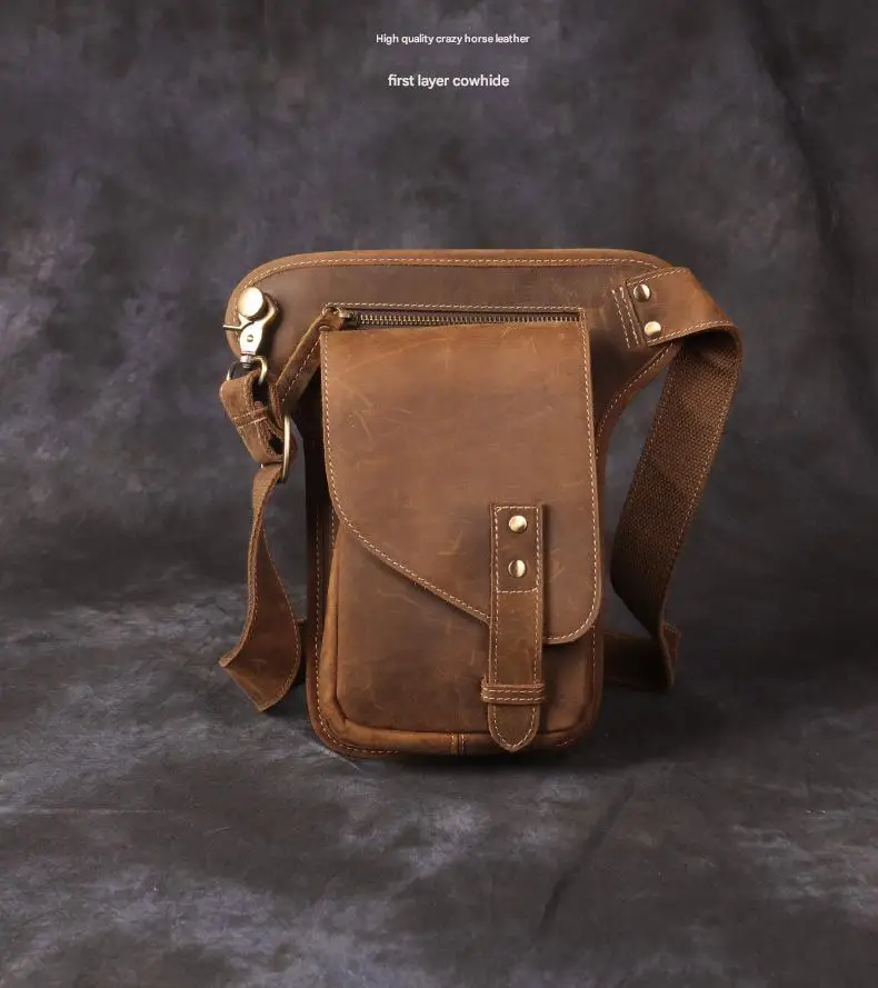 Vintage Genuine Crazy Horse Leather Waist Bag for Men Cowhide Motorcycle Crossbody Leg Saddlebags & Luggage