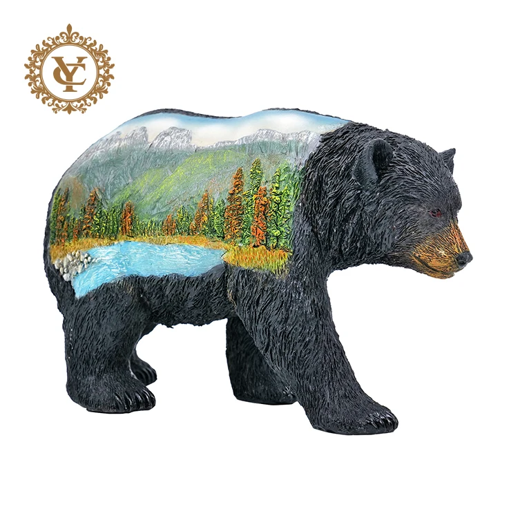 resin black bear figure table top poly sculpture decor unique bear figure with colorful scenery home decoration and gift
