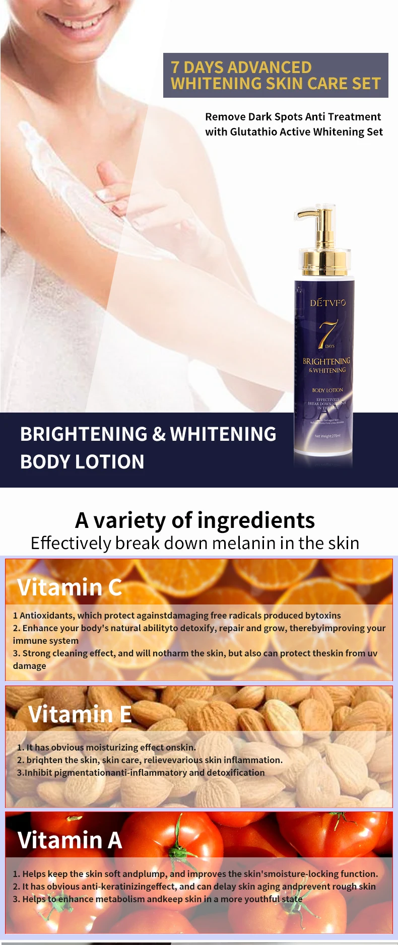 7 Days Whitening Skin Care Set Double Glutathione Vitamin C Serum Dark Spot Face Cream Black 7957