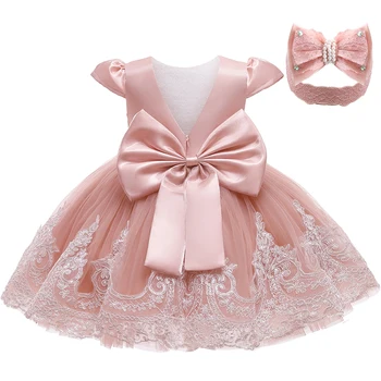 LZH Toddler Baby Clothing Girl Bowknot Lace Princess Dresses with Headwear Baby 1 Year Birthday Dress