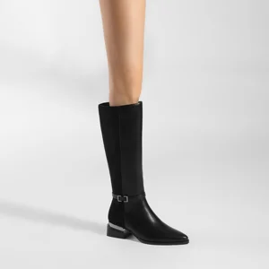 Moncheer Women's Black Pointed-Toe Mid-Calf Boots with Metal Heel Trim | Elegant Riding-Style Leather Boots with Side Zipper