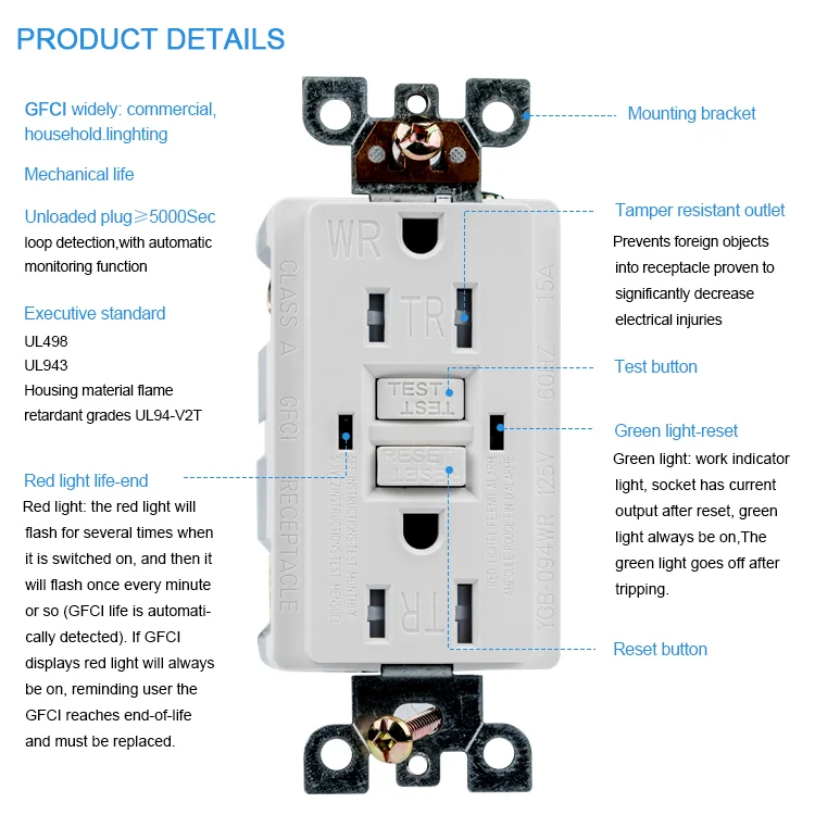 Us Standard Ul Listed Grounding Fault Circuit Interrupter Tr Wr Gfci ...