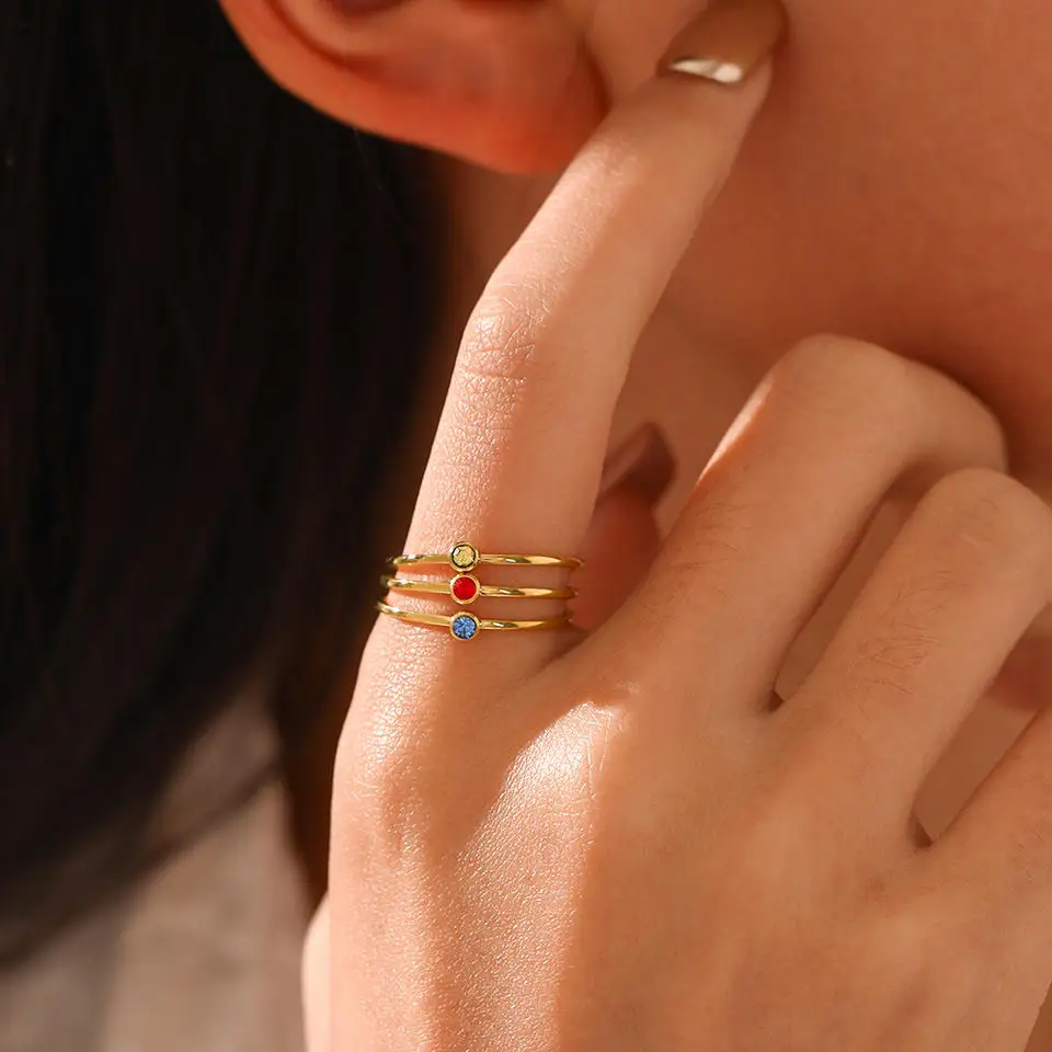 18K Gold Plated Diamond Birth Stone Ring Women Zircon Birthstone Ring