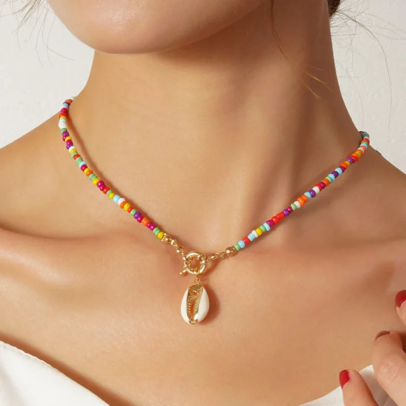 Zinc Alloy Shell Charm Bohemian Colorful Seed Bead Choker Necklace for Women Jewelry