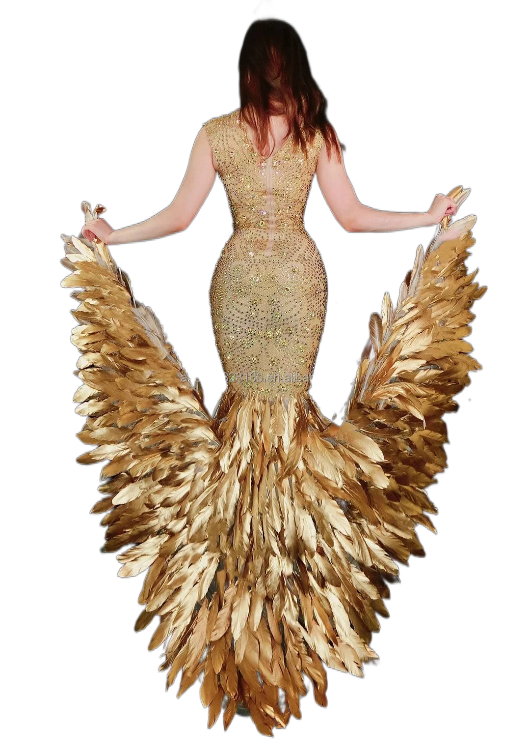 High Quality Sparkly Rhinestones Gold Feather Dress Party Dresses Women Evening High Quality Sparkly Rhinestones Gold Feather Dress Party Dresses Women Evening