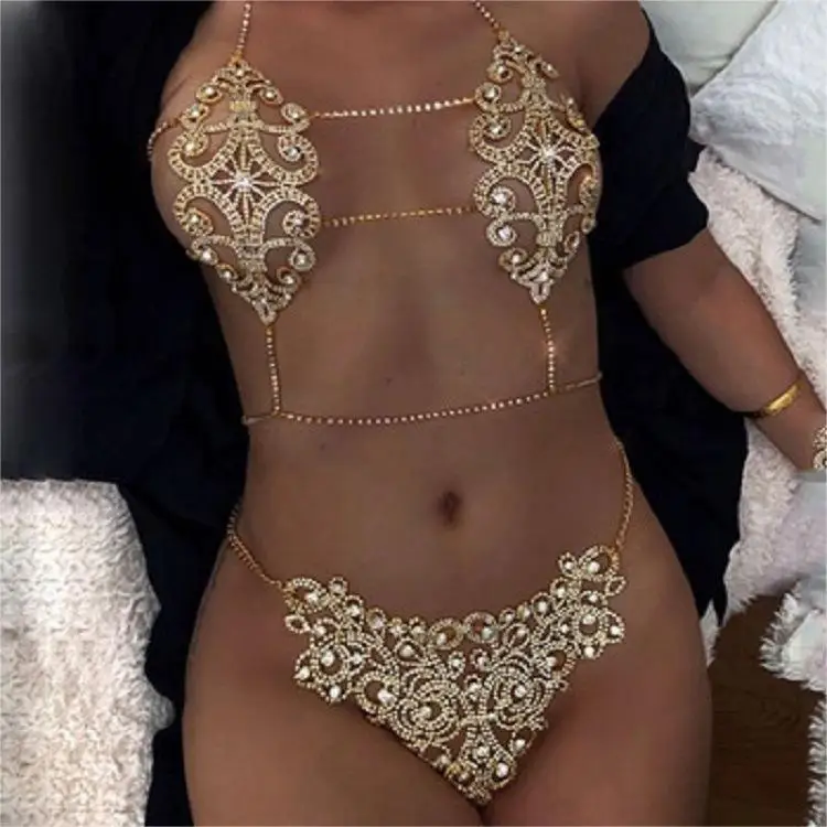 Full Rhinestone Flower Bikini Body Chain Set Sexy Body Chest Bra Chain Crystal Thong Panties