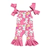 Hot Pink Easter Bunny Painting Egg Bow Strap Ruffle Romper