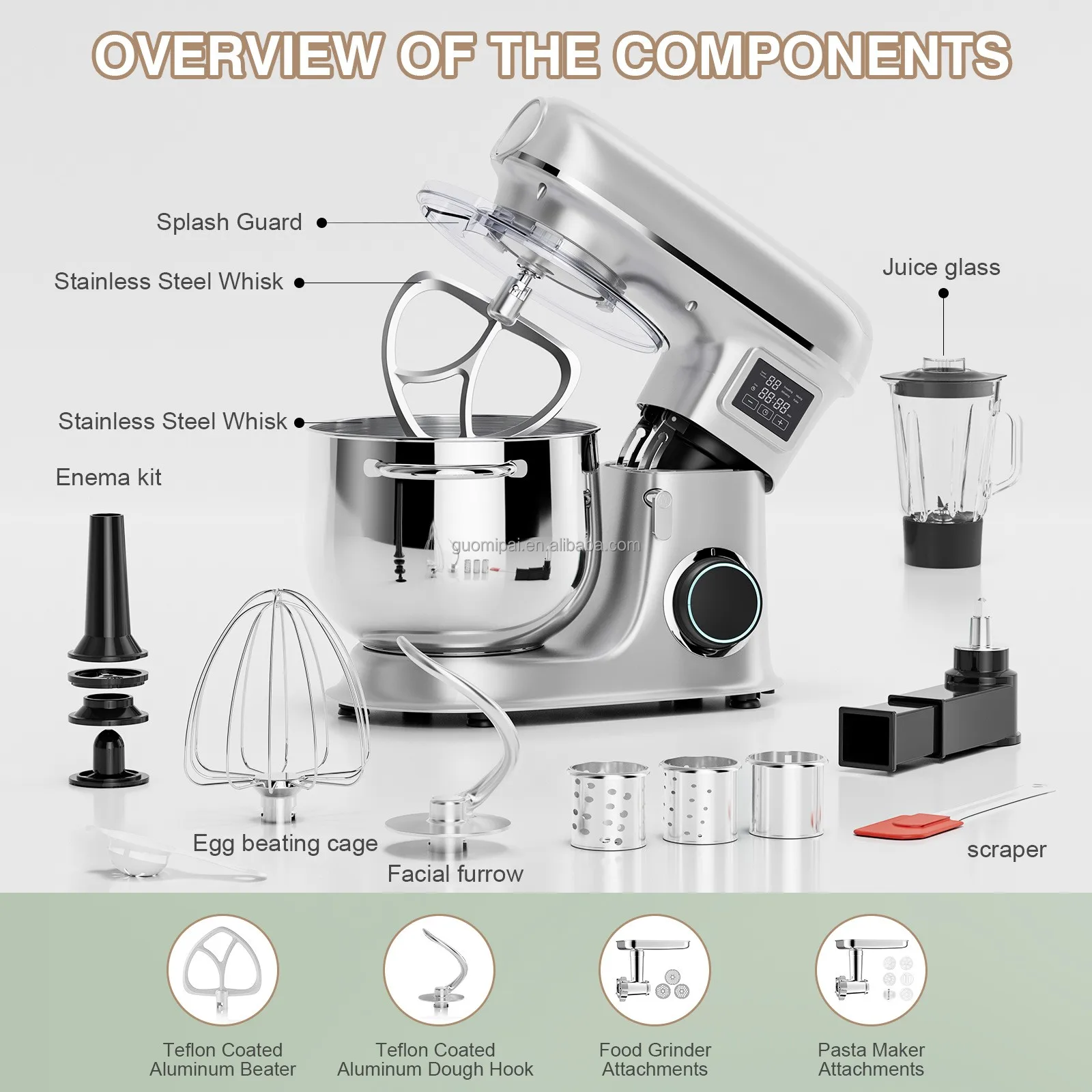 5 in 1 Kitchen Appliances OEM Multifunctional Impastatrice Electric Aid 8L Stainless Steel Mixing Bowl Meat Grinder Stand Mixer