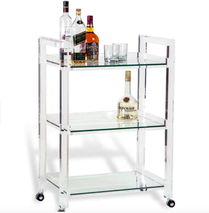 Acrylic Serving Trolley Cart Factory Custom Lucite Mobile bar Cart Trolley and Plexiglass Bar Carts Acrylic Trolley Unassembled