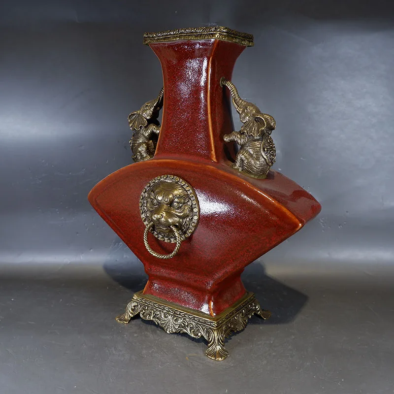 清朝乾龍スタイル鶏血赤釉薬ライオンヘッドアンティークファン型ボトル