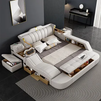 Luxury Leather Smart Bed Multifunctional Bed for Bedroom Furniture Hotel King Size Bed With Storage